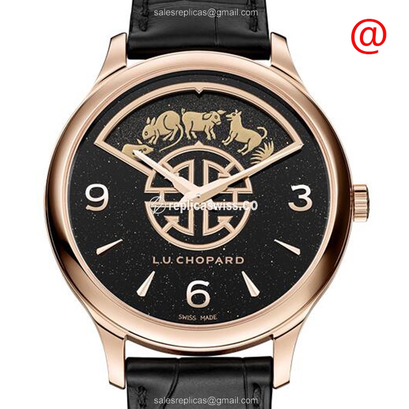 Chopard L.U.C 161980-5001 - 18kt Rose Gold - Automatic - Black Dial - Alligator Black Strap - Luxury Replica L.U.C Watch